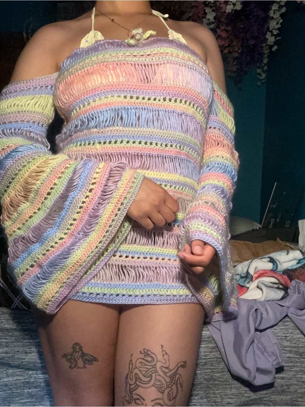 Pastel Multicolor Crochet Off-Shoulder Dress or cover up